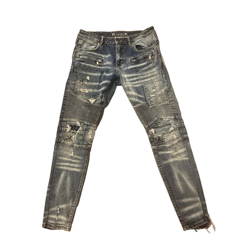 Crysp Denim Moto Distressed 7 Pocket Jeans Women’s 33x38 Zipper Pockets